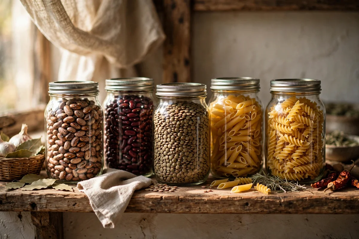 Canning jars of dried beans and pasta grouped on a shelf