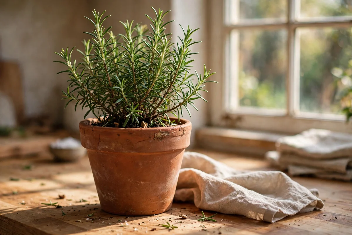 Terracotta pot of rosemary on the kitchen worktop