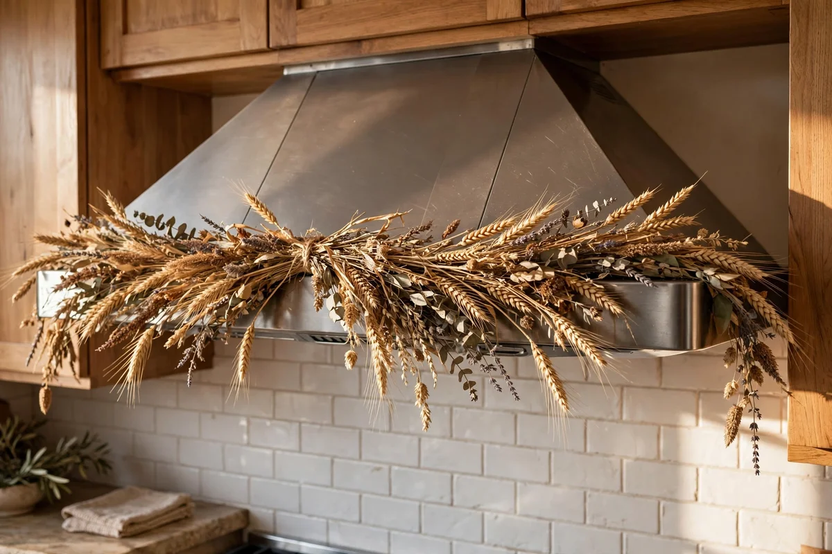 Dried wheat garland draped along a kitchen range hood