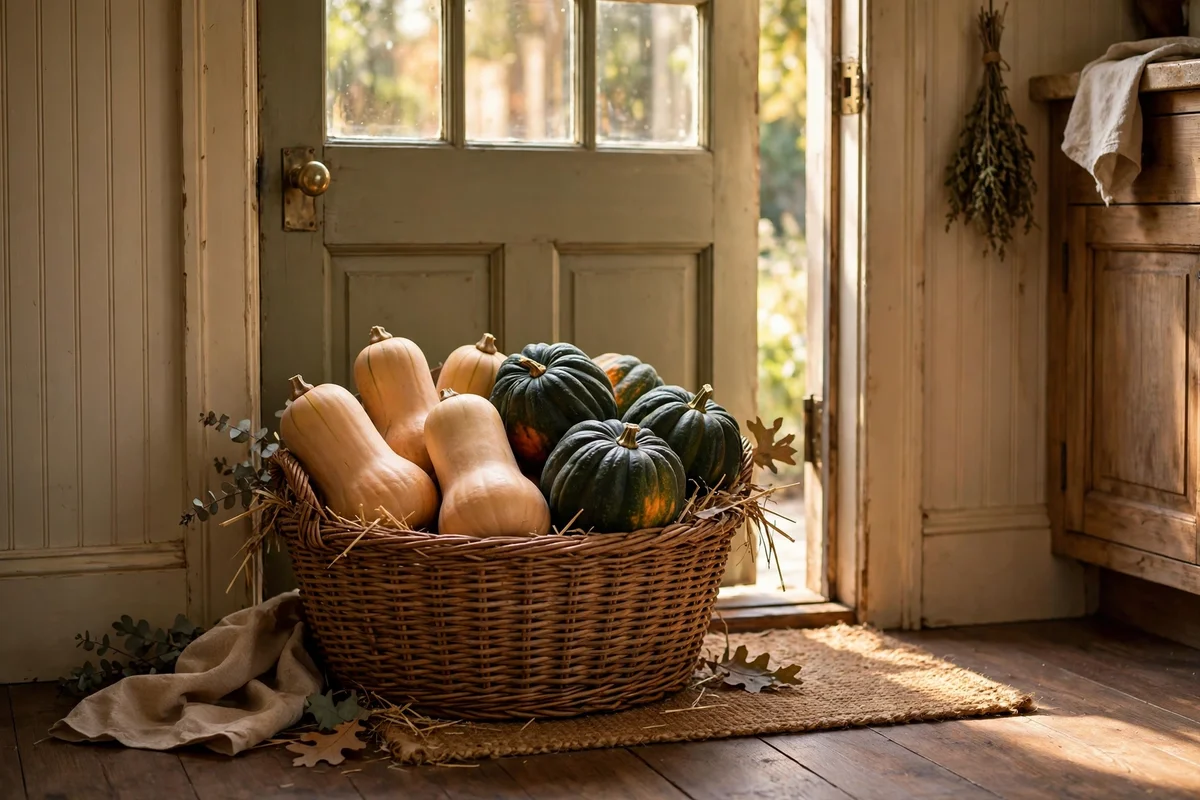 Woven basket of squash placed by the kitchen door