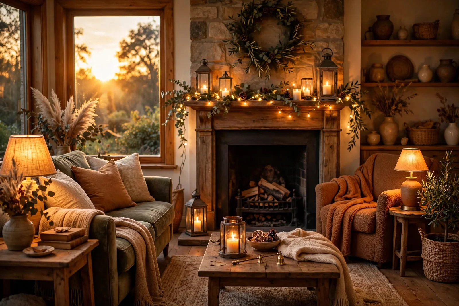 Cozy living room glowing with warm lamps, candles and fairy lights at dusk