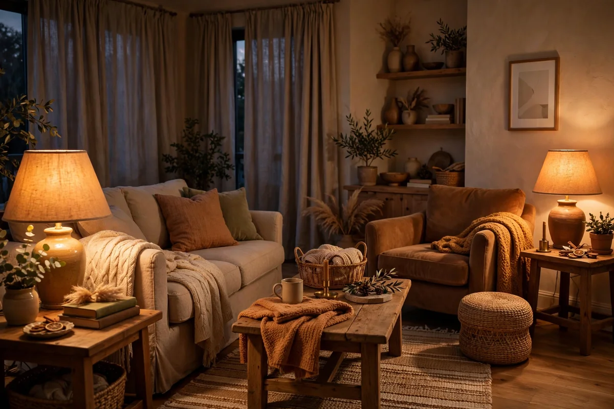 Warm 2700K lamplight glowing in a cozy living room at dusk