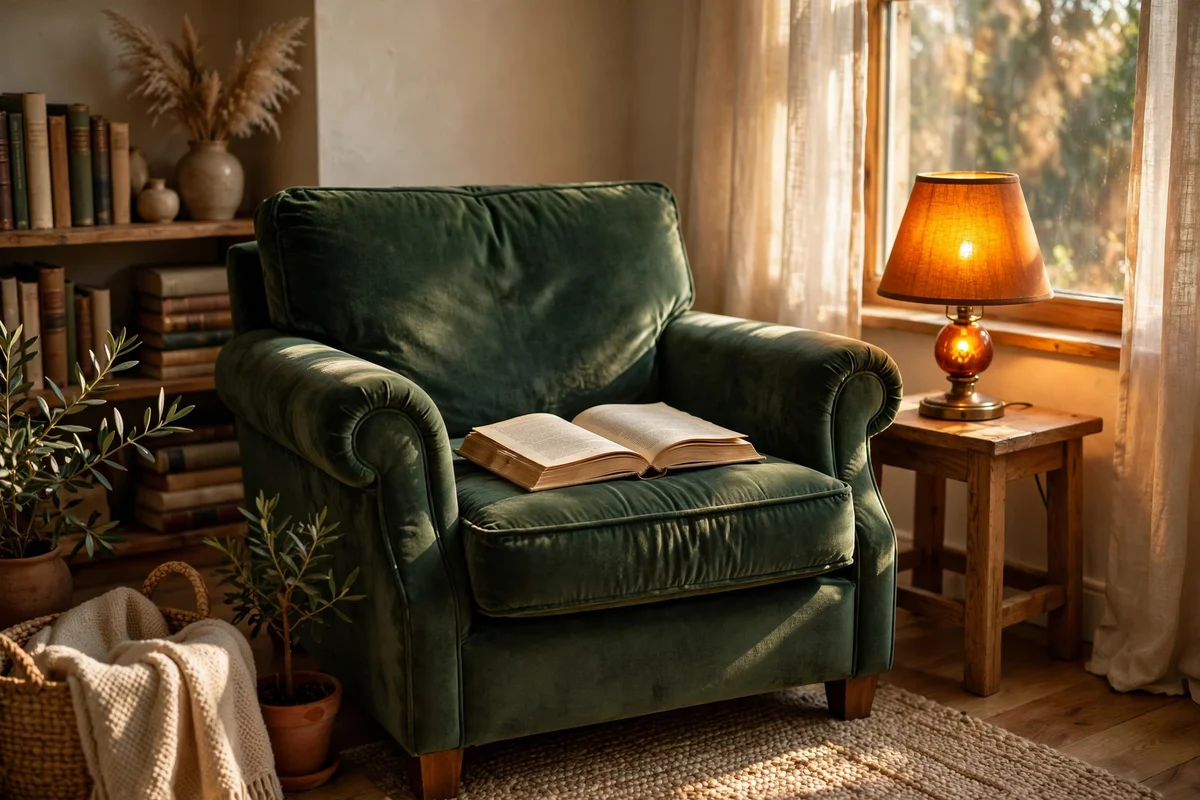 Reading chair with a deep amber glowing table lamp