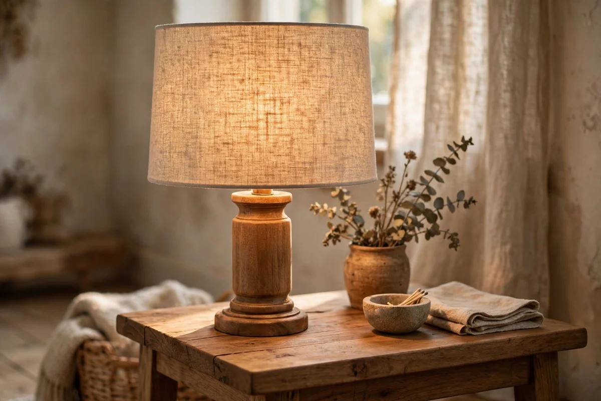 Table lamp with a natural linen shade glowing warm