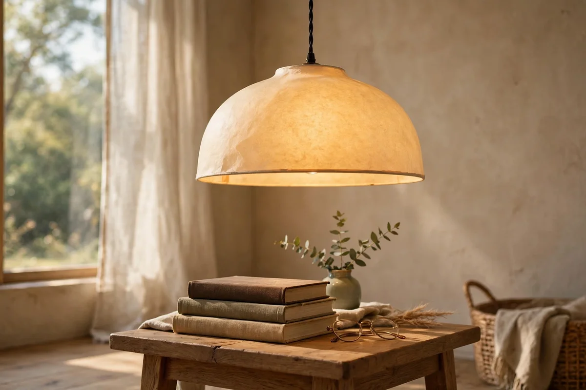 Parchment pendant shade glowing honey gold