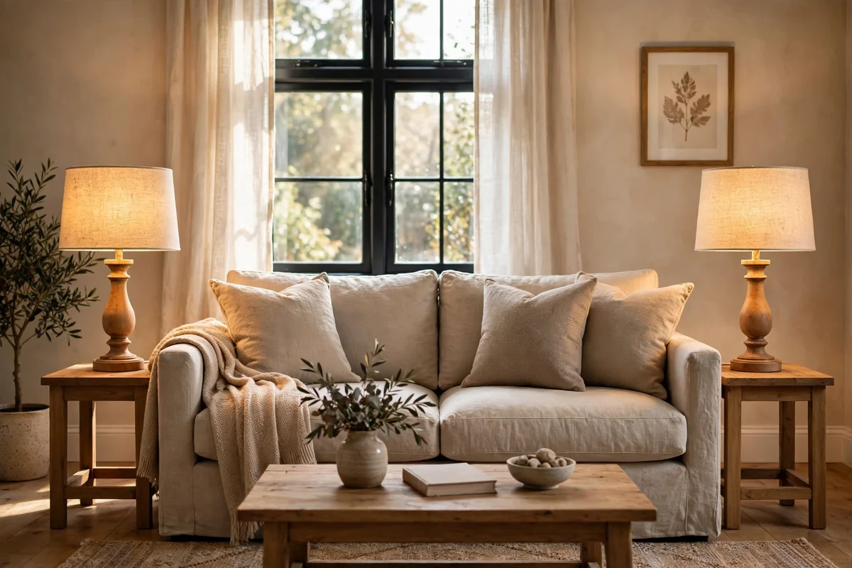 Pair of matching linen lamps framing a sofa