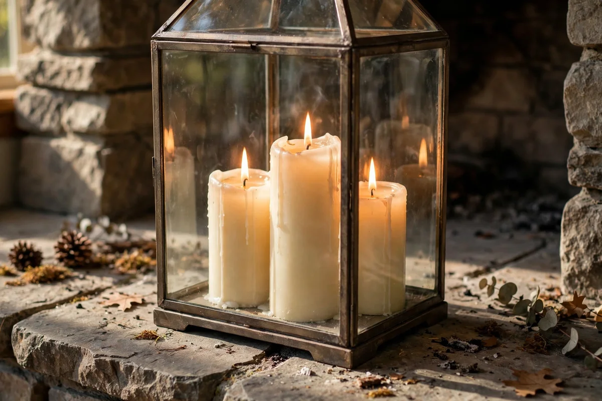 Glass lantern with pillar candles on a hearth