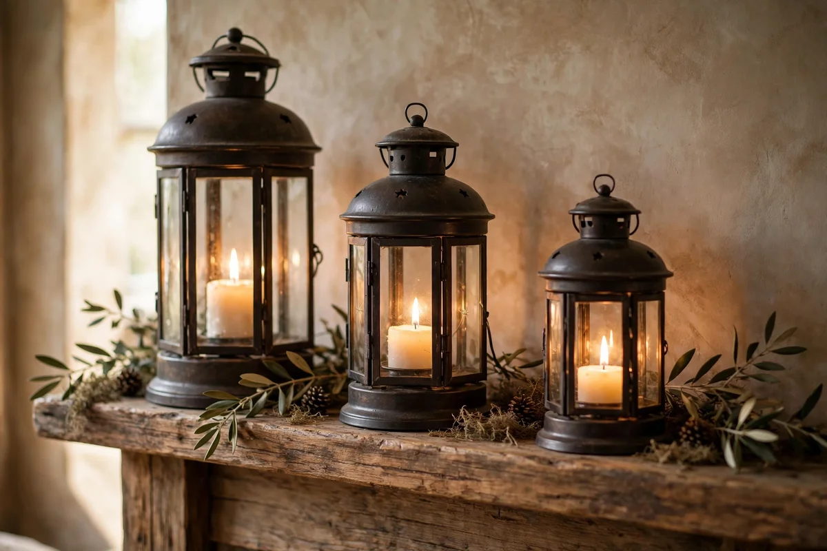 Three glowing lanterns lined along a mantel