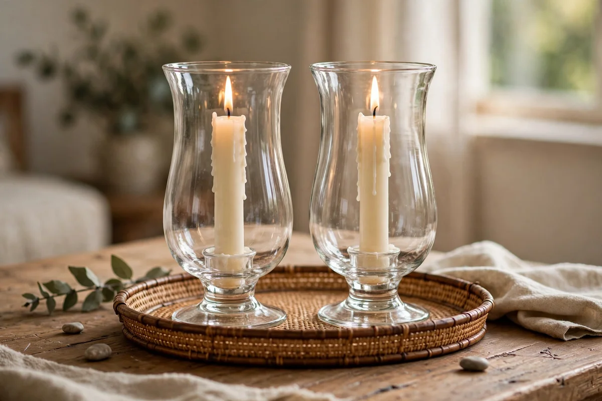 Glass hurricanes glowing on a coffee table tray