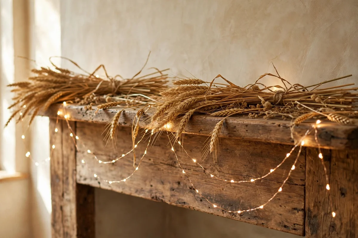 Warm fairy lights draped along a mantel