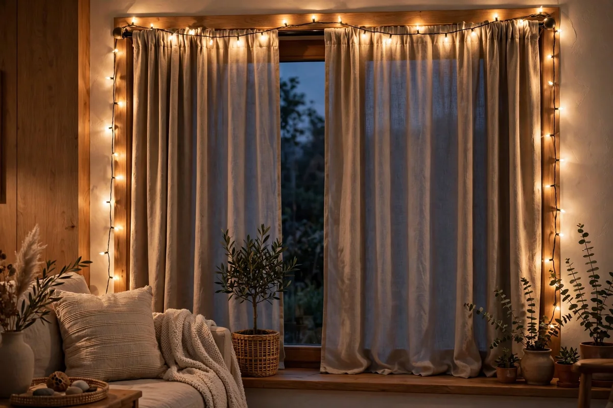 Warm string lights framing a window at dusk