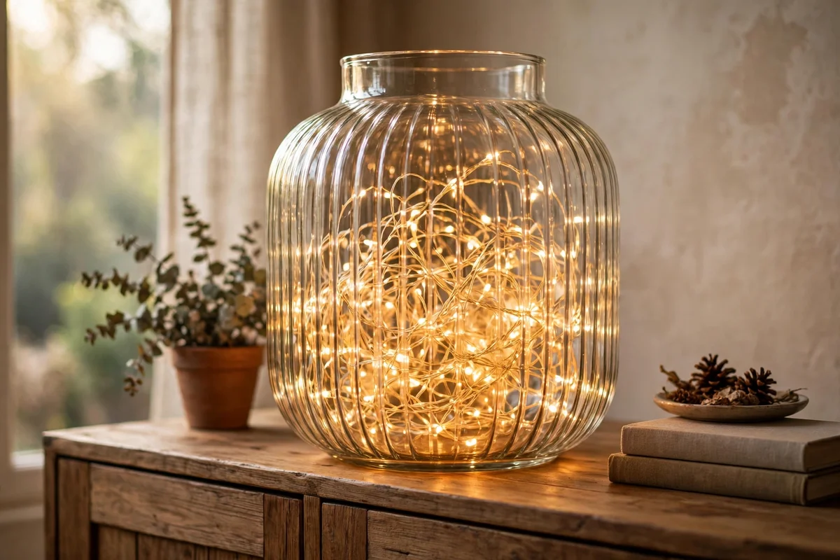 Glass vase filled with glowing fairy lights