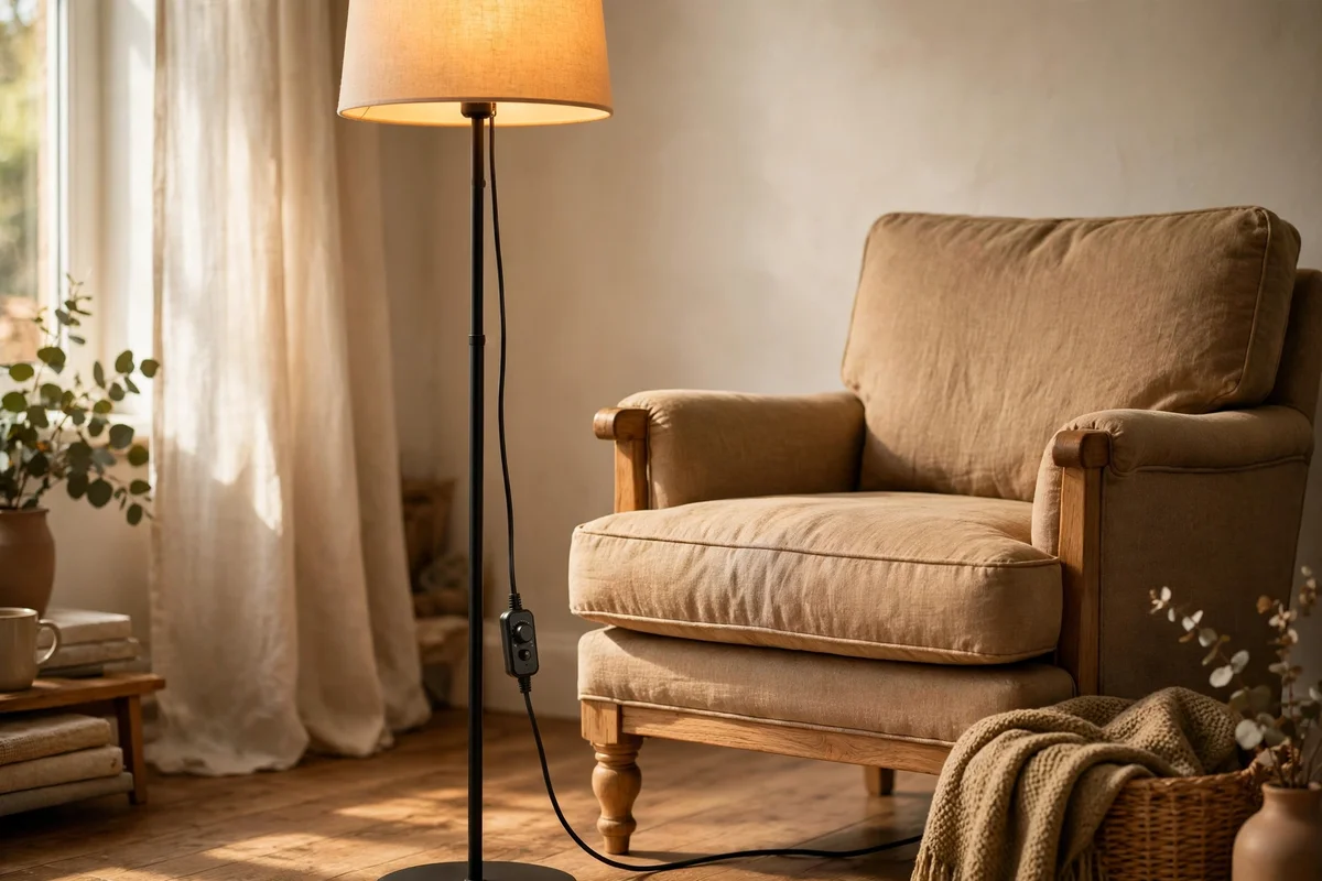Floor lamp with a plug-in dimmer glowing warm