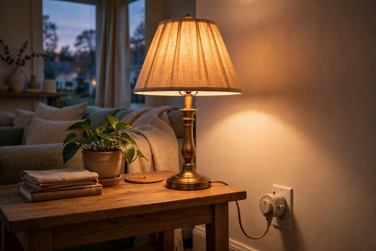 Table lamp on a timer plug glowing at dusk