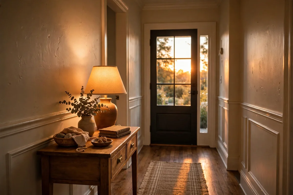 Hallway lamp glowing warm at sunset