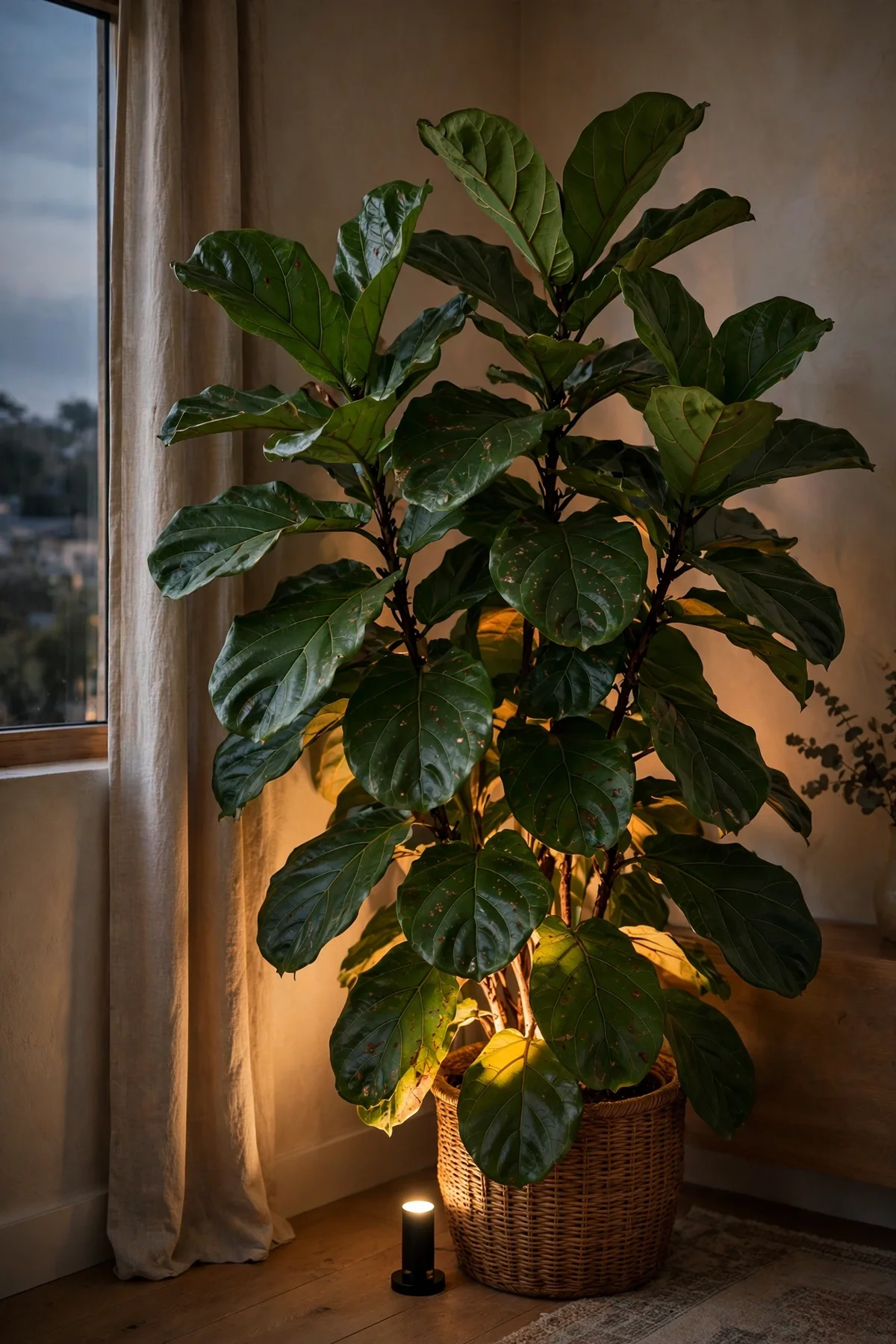 Uplight glowing through a tall houseplant