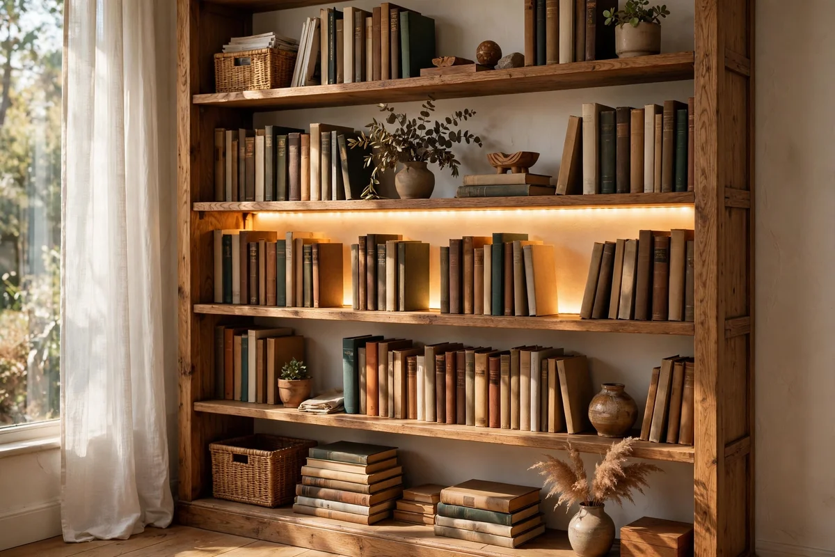 Bookshelf glowing warm behind the books