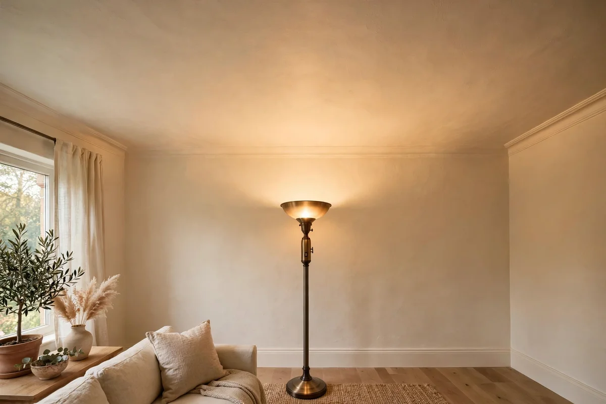 Floor lamp bouncing warm light off the ceiling