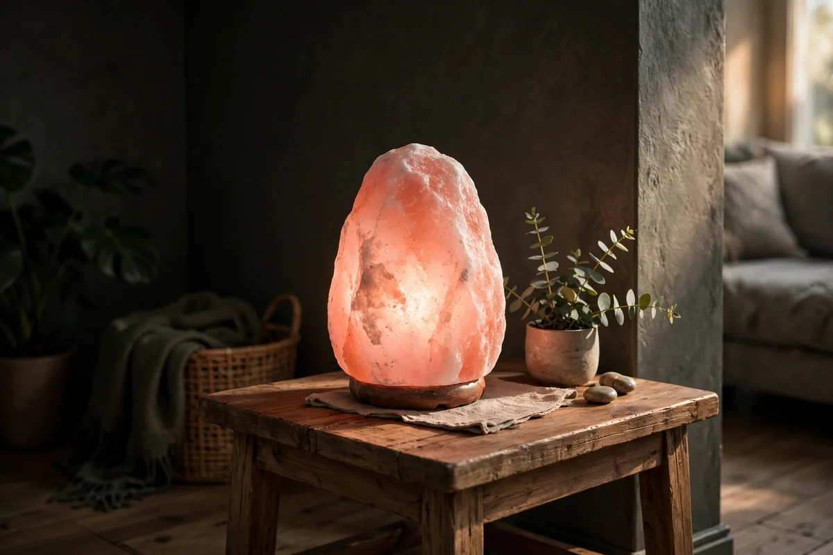 Salt lamp glowing amber in a dark corner