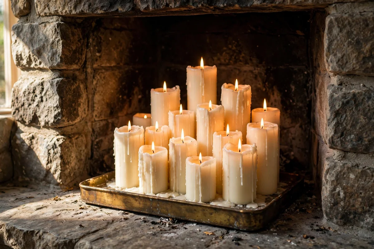 Pillar candles glowing inside a firebox