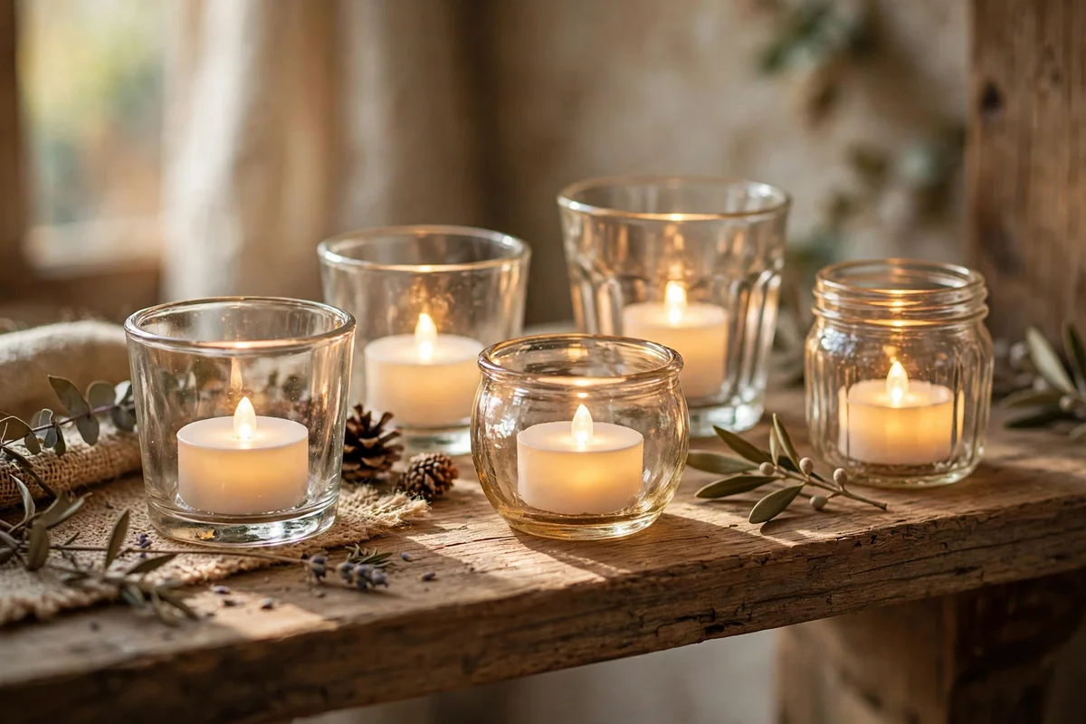 LED tea lights glowing in glass holders