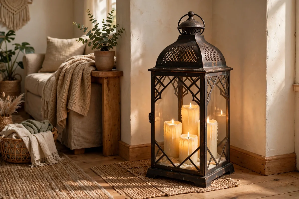 Lantern with LED pillar candles glowing