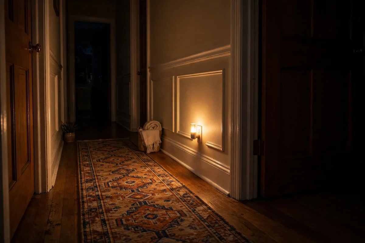 Warm nightlight glowing low in a hallway