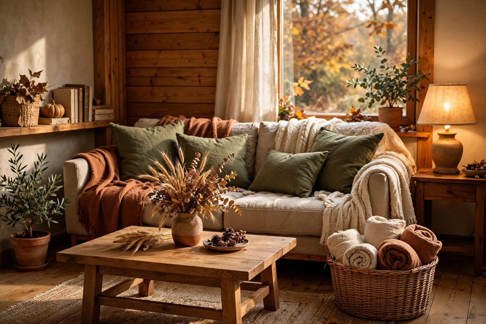 Cosy autumn living room with rust throws, glowing lamp and wooden coffee table