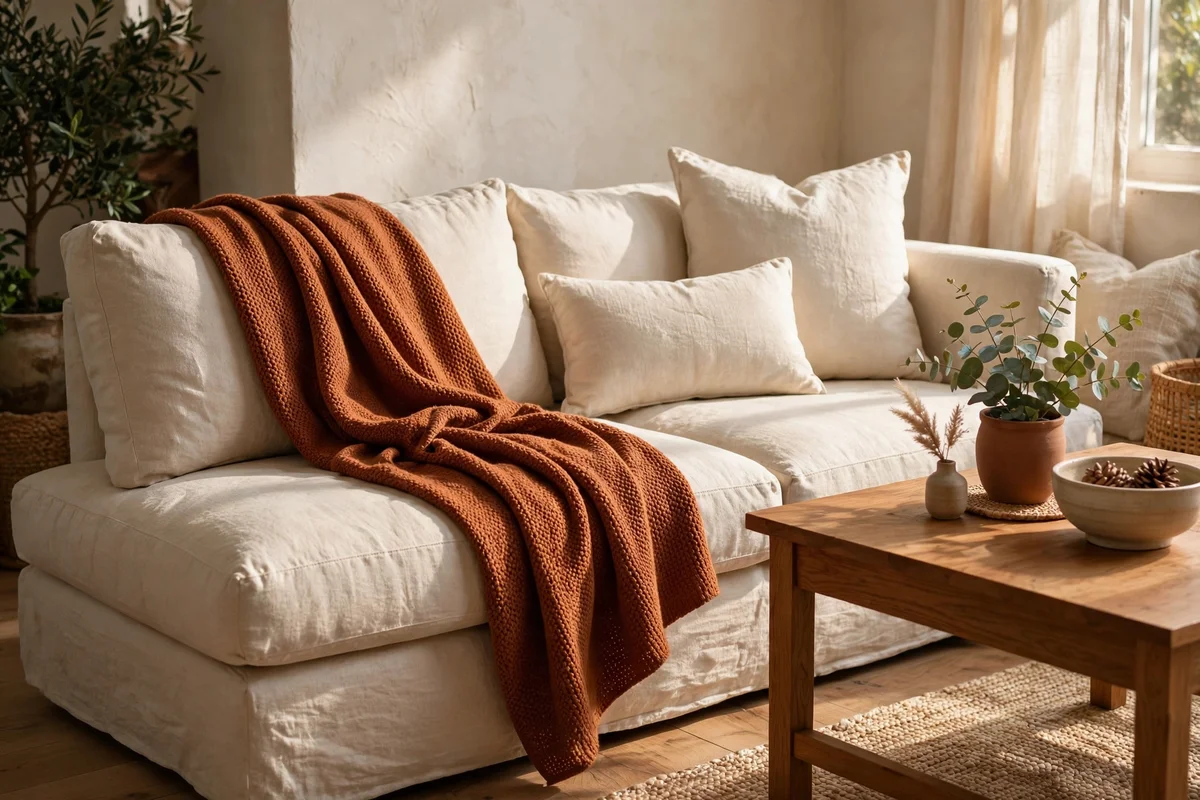 Rust throw draped over a sofa corner with cream cushions in a cosy living room