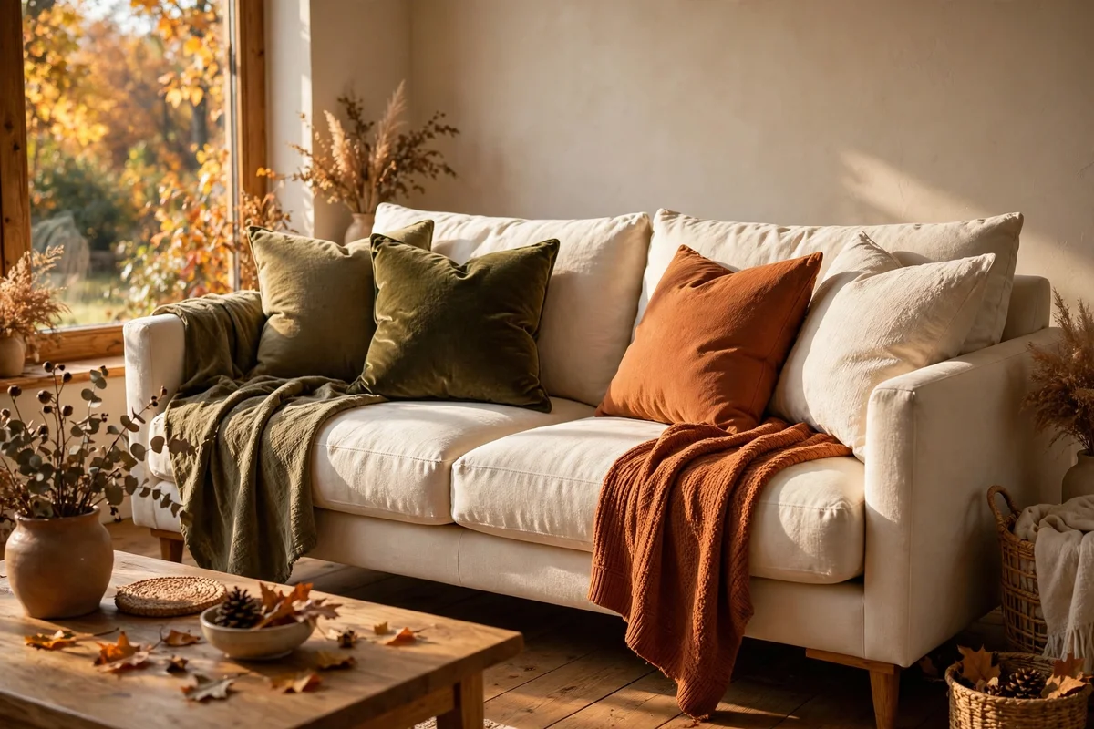 Sofa with cream, olive and rust cushion covers in warm autumn light