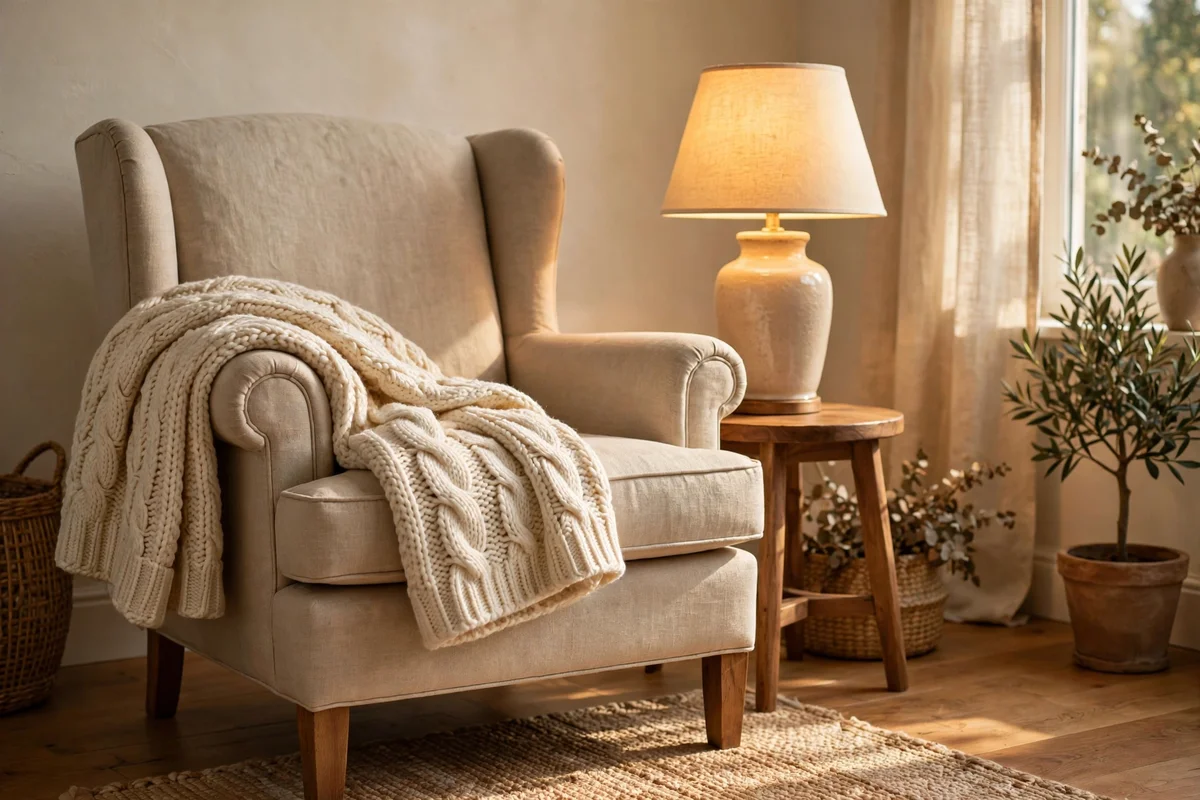 Armchair with chunky knit throw folded over the arm by a lamp