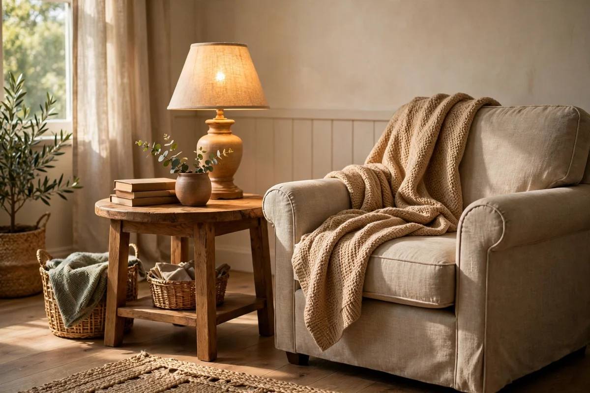 Warm glowing table lamp beside an armchair in a reading corner