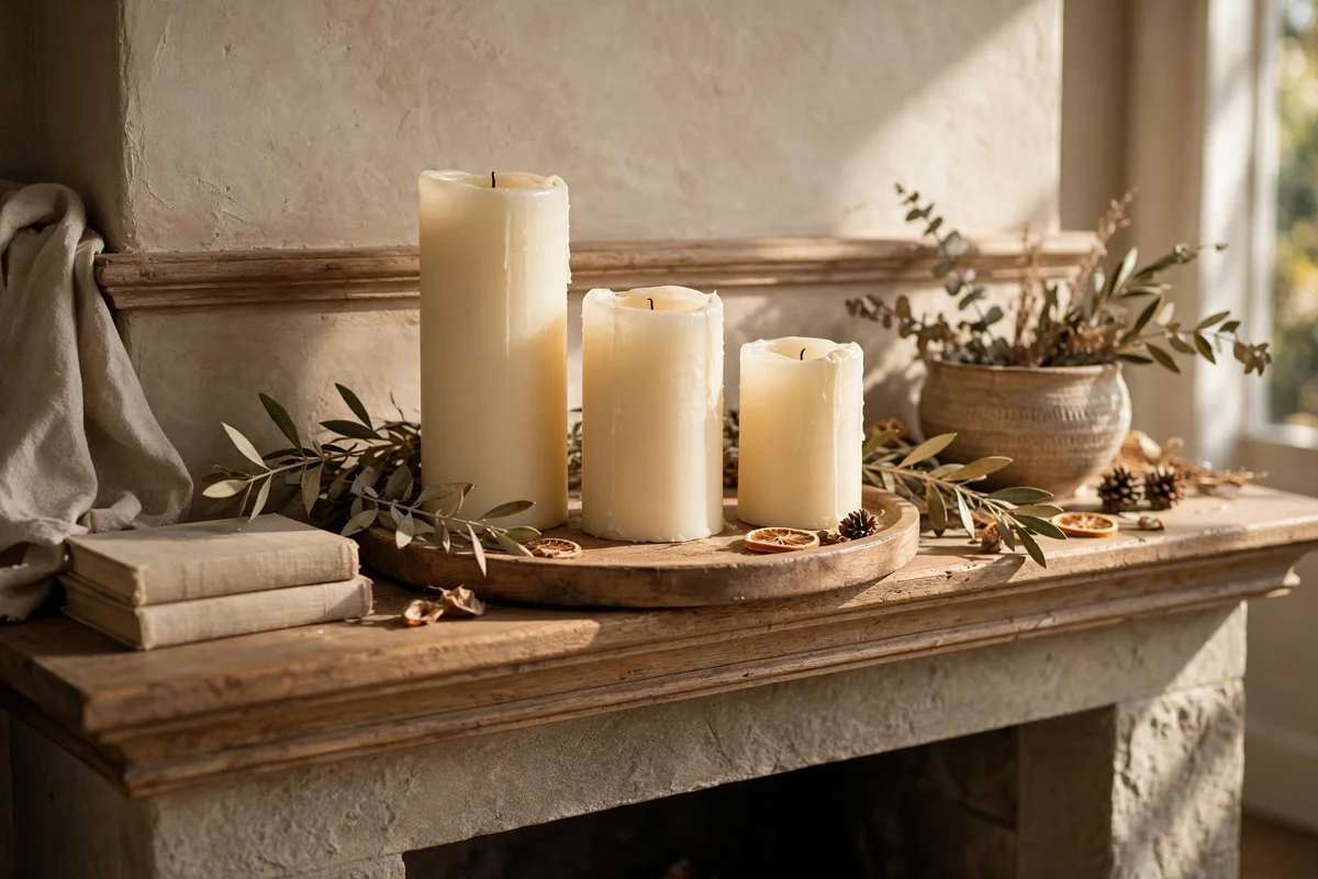 Three pillar candles of varied heights grouped on a mantel tray