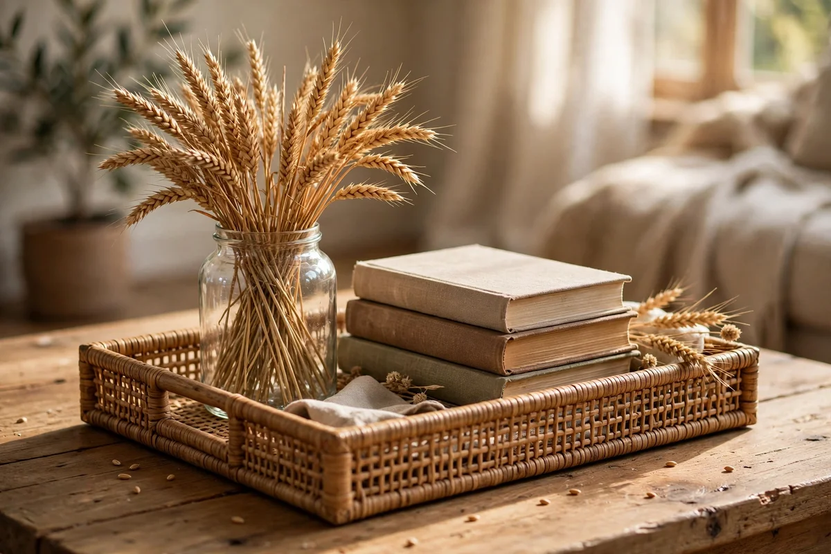 Coffee table styled with a wooden tray and dried wheat stems