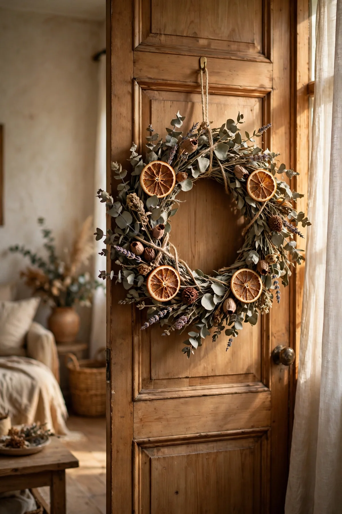 Dried eucalyptus and orange slice wreath on a living room door