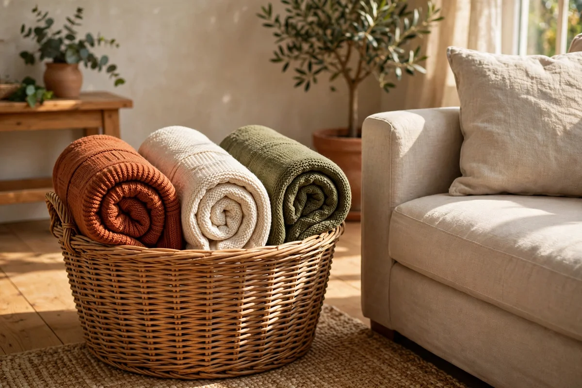 Wicker basket of rolled blankets beside a sofa