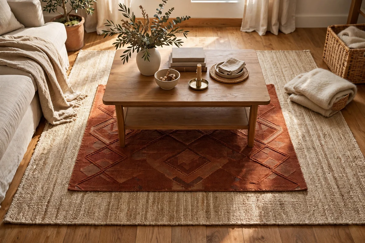 Small autumn rug layered over a larger neutral living room rug