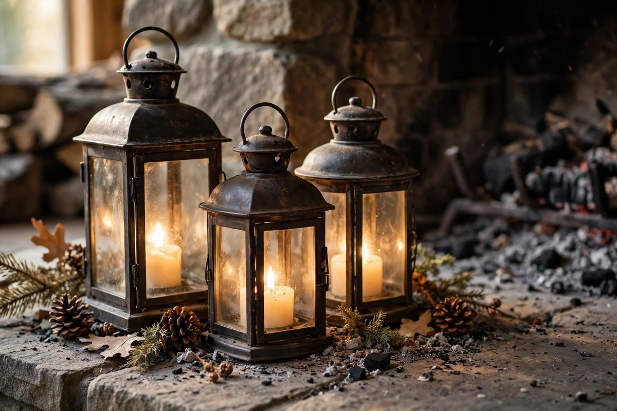 Cluster of glowing lanterns on a fireplace hearth