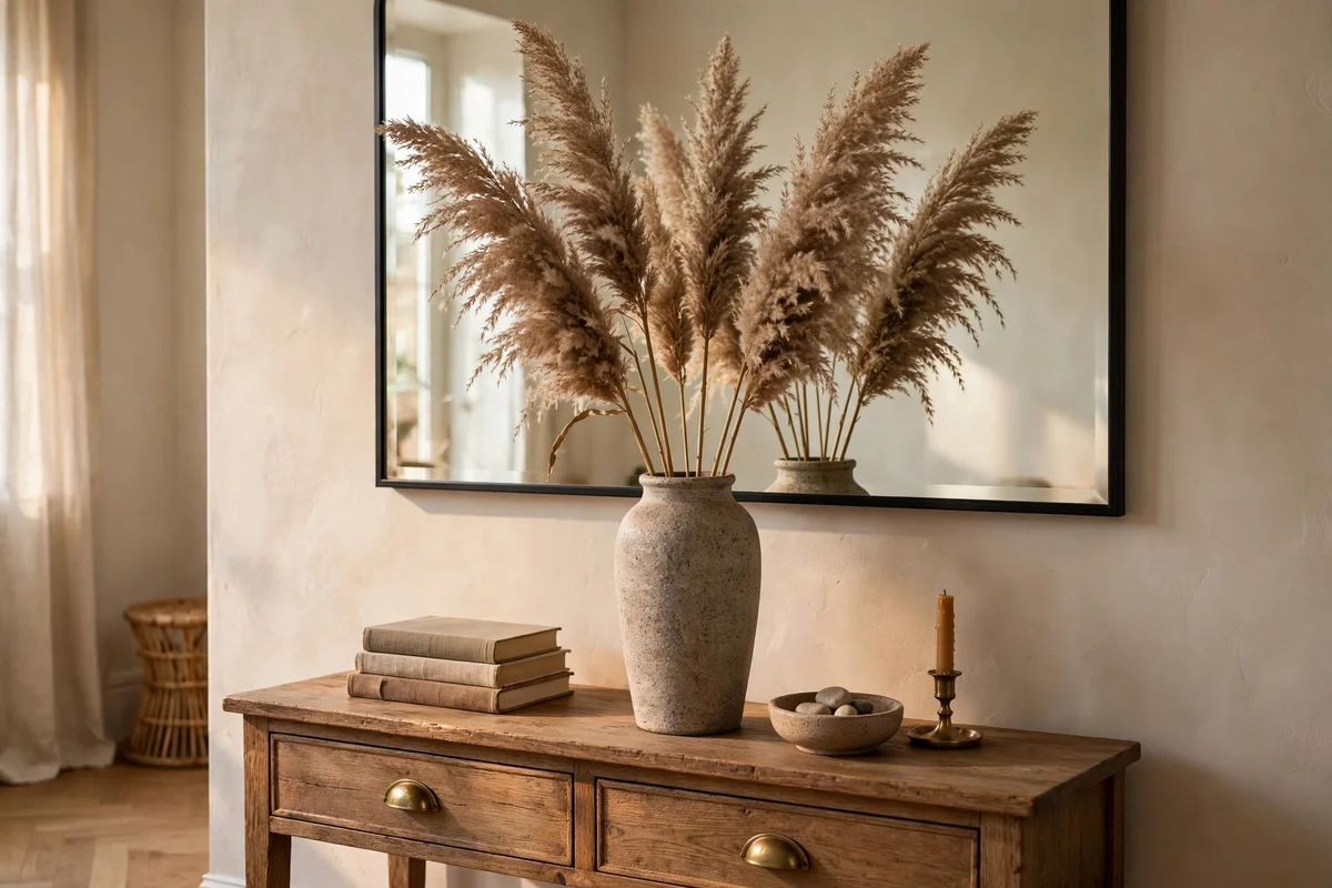 Dried pampas stems in a stoneware vase on a console table