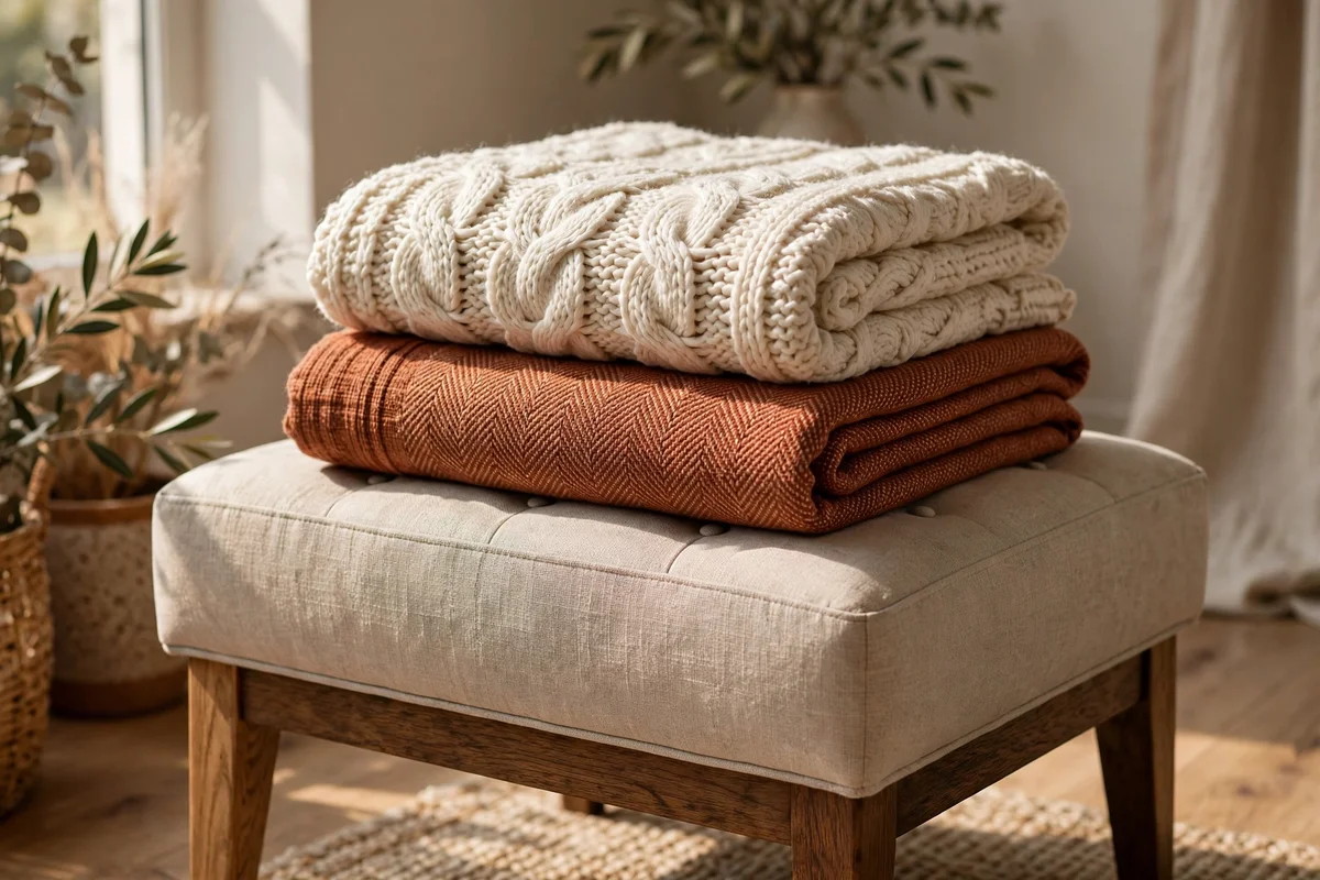 Two folded throws in contrasting textures on an ottoman
