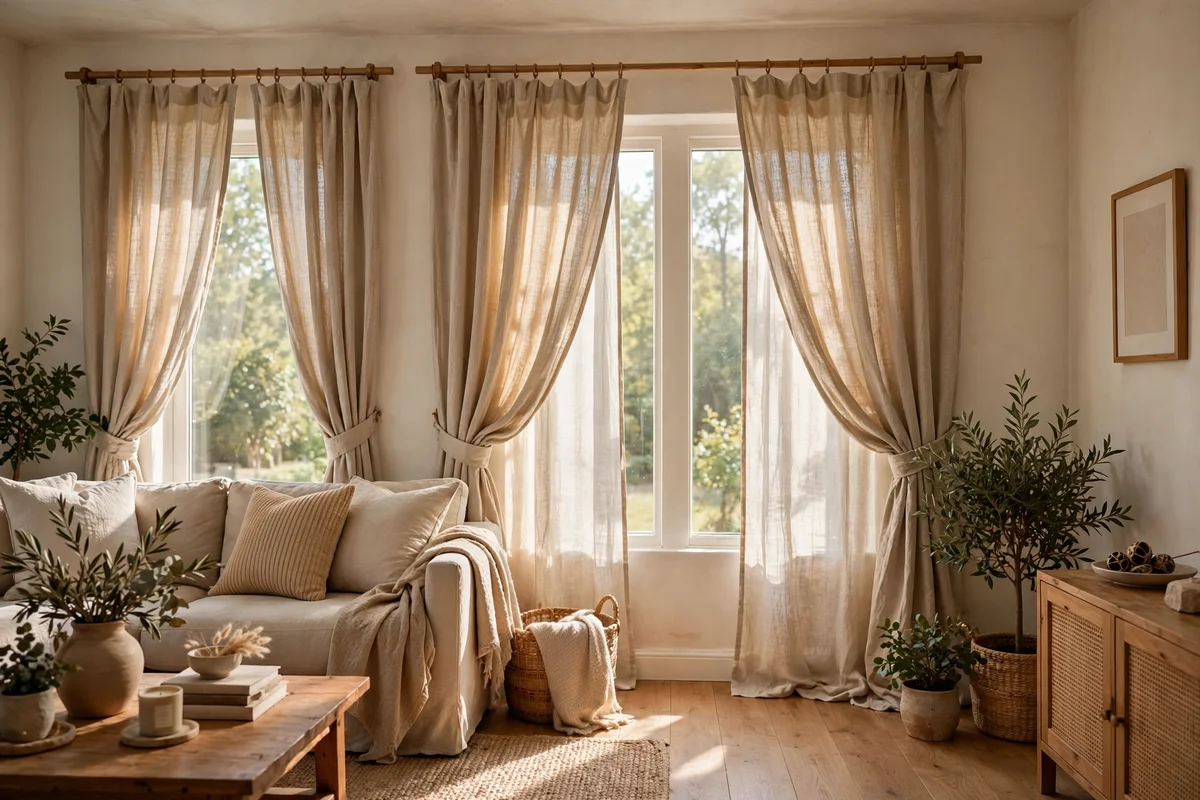 Oatmeal linen curtains at a living room window in soft light
