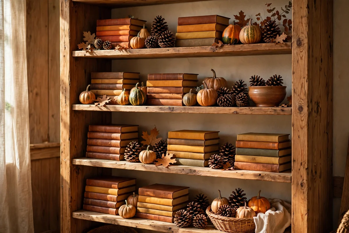 Bookshelves styled with pinecones, gourds and stacked books