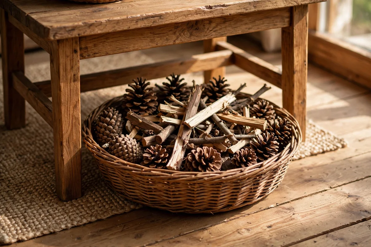Basket of pinecones and kindling under a side table