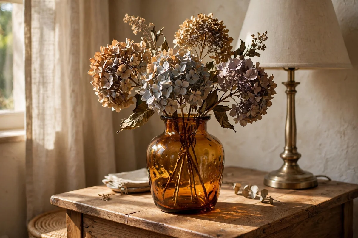 Amber glass vase of dried hydrangeas on a side table