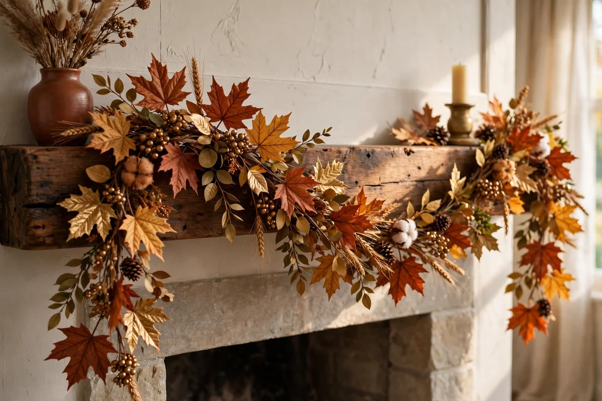 Faux maple leaf garland draped along a mantel beam
