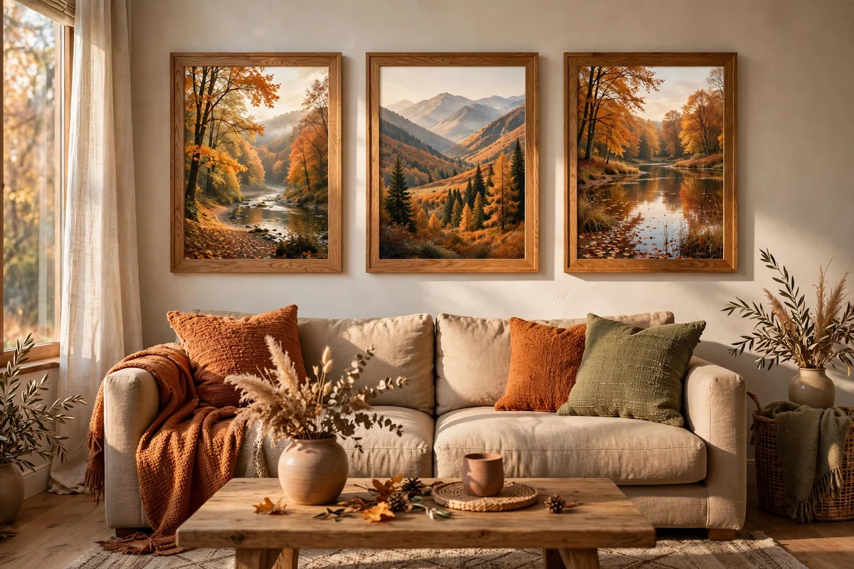 Autumn landscape art in oak frames above a sofa