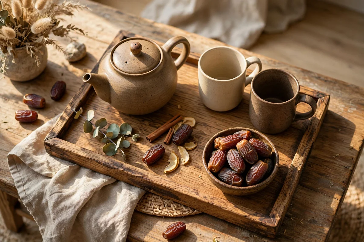 Tea tray with teapot and mugs on a coffee table