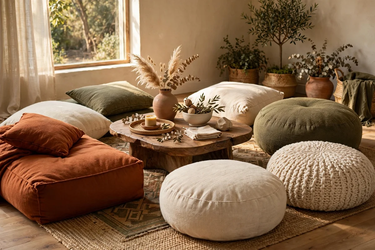 Floor cushions in autumn tones around a coffee table