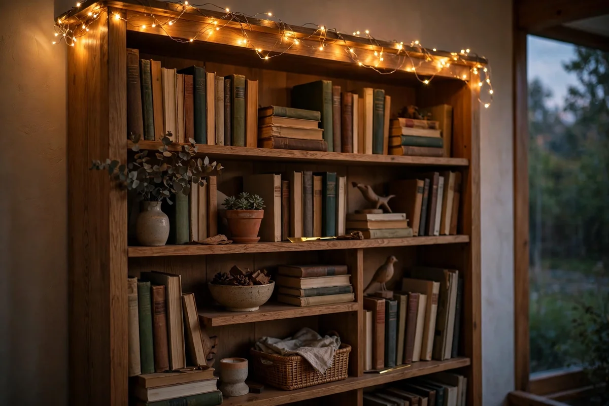 Warm fairy lights along the top of a bookshelf