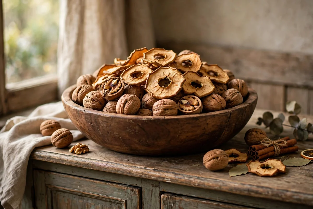 Wooden bowl of walnuts and dried apple rings on a sideboard